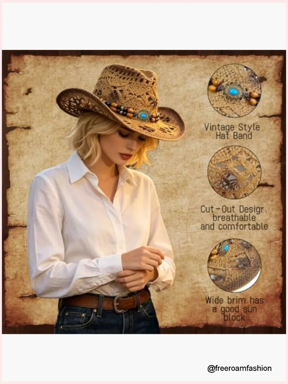 Woven Straw Cowboy Hat with Flexible Wire Brim for Summer Beach Festivals